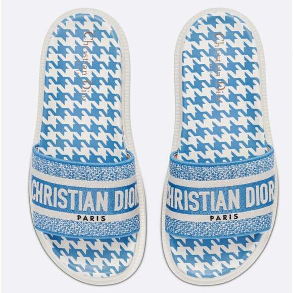 Christian Dior Dway Blue White Logo Houndstooth Slide Mule Flat Flop Sandal 42 - Picture 6 of 12